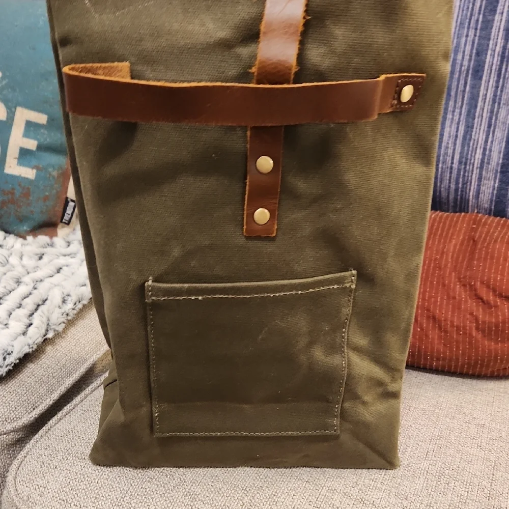 Olive Green Canvas Bag with Brown Leather Accents - Picture 3 of 5